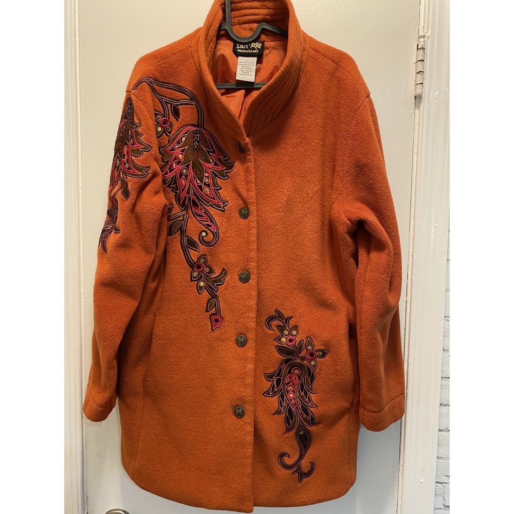 Bob Mackie Wearable Art Orange Embroidered Fleece Jacket L Soft Cozy Floral vtg